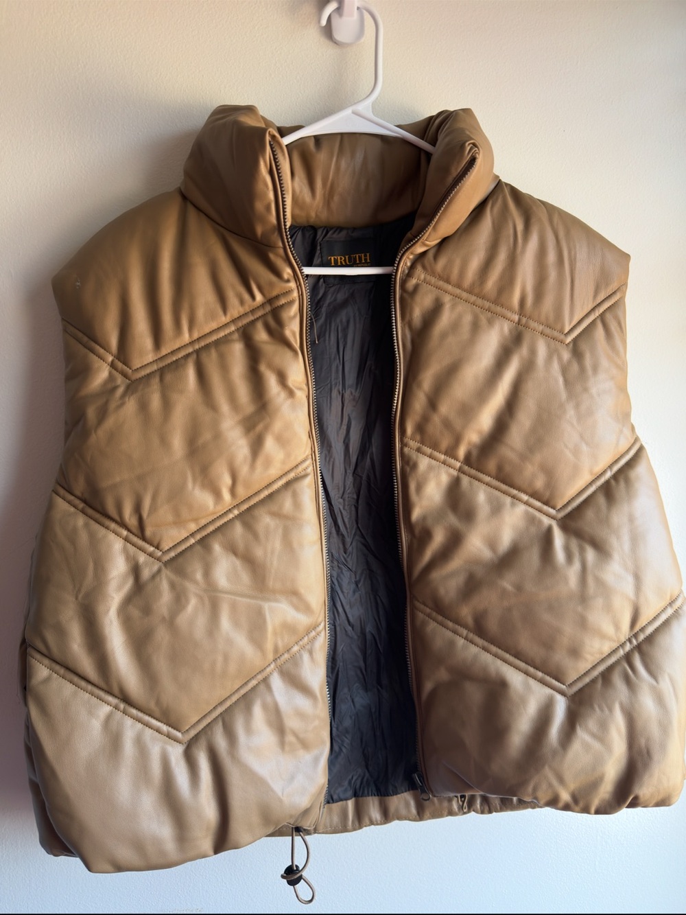 Truth Tan Quilted Puffer Vest Faux Leather Full Zip Funnel Collar Cinch Waist
